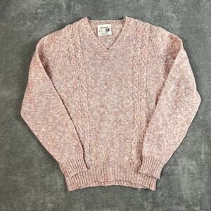 Vintage Shetland Wool Sweater Womens S Pink V Neck Cable Knit Made in Scotland